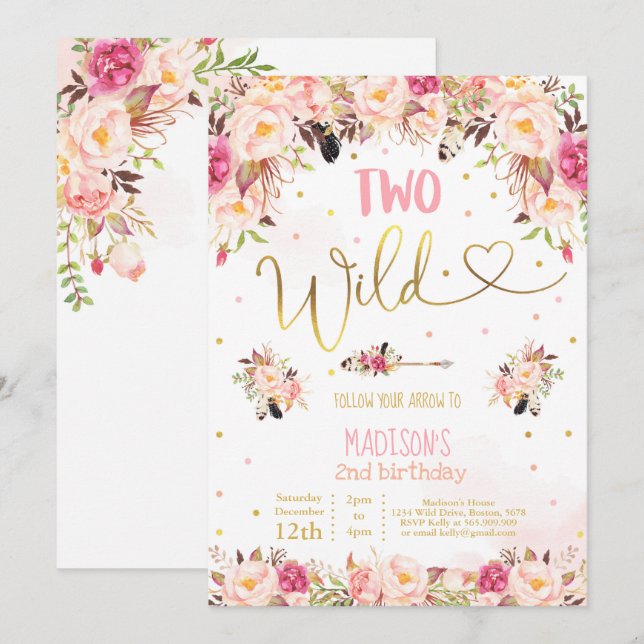 Boho Two Wild Birthday Invitation Aquarelle Boho (Devant / Derrière)