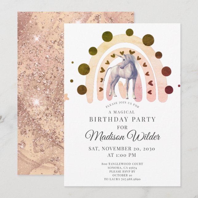 Boho Unicorn Rainbow Girl'anniversaire Invitation (Devant / Derrière)