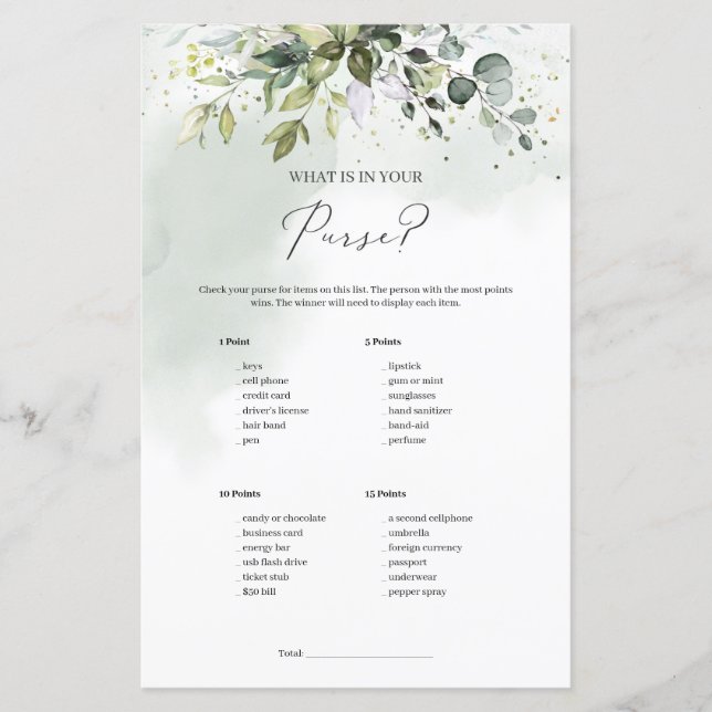 Boho verdure feuillage What's In Your Purse game (Devant)