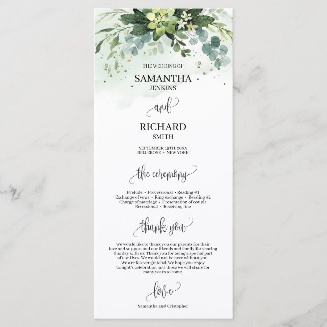 Boho verdure succulent programme de mariage eucaly (Devant)