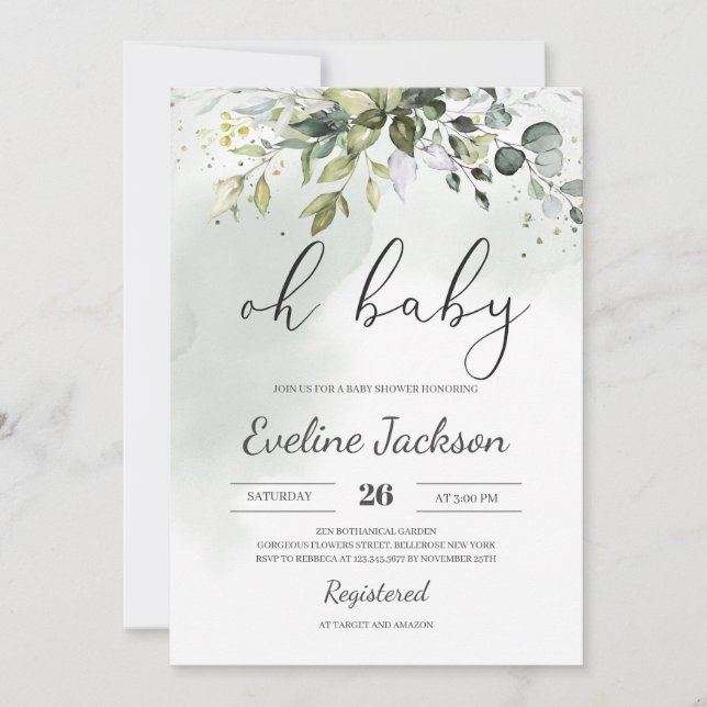 Boho vert Oh Baby shower Invitation Eucalyptus (Devant)