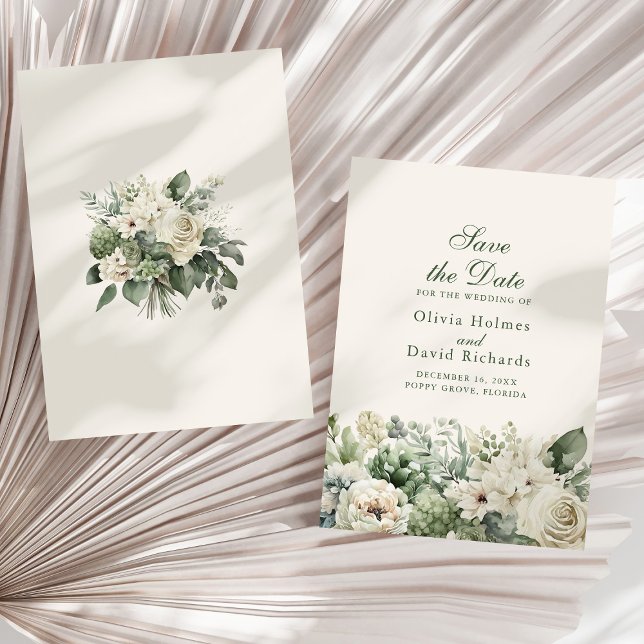 Boho Vert Sauge & Fleurs d'Ivoire Carte de Faire-P (Boho Sage Green & Ivory Flowers Save The Date Card on a sunny white dry palm leaf.)