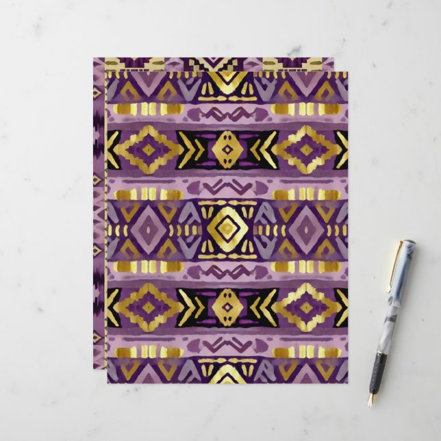 Boho violet et or Motif Aztec Geo Scrapbook (Devant/Arrière en situation)