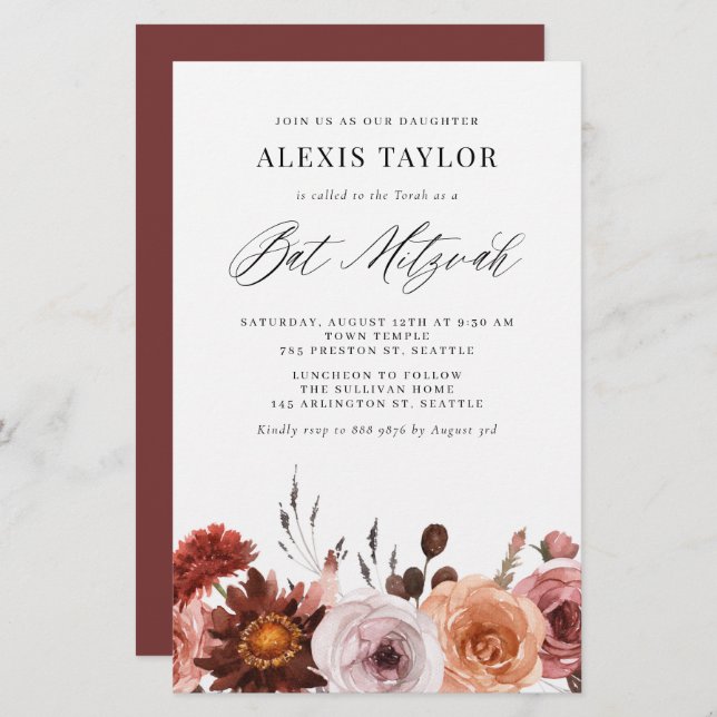 Boho Watercolor Automne Fleur Bat mitzvah Invitati (Devant / Derrière)