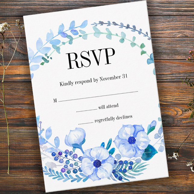 Boho Watercolor Blue Floral Wedding Carte RSVP (Créateur téléchargé)