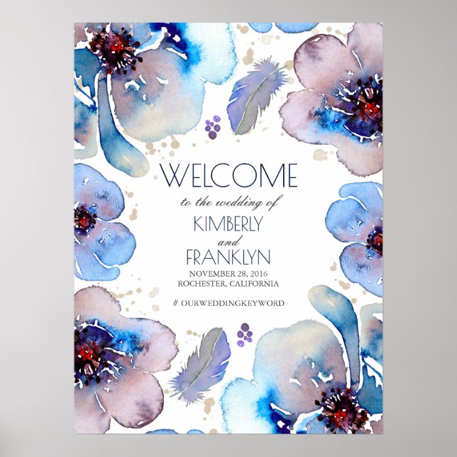 Boho Watercolor Blue Flowers Affiche de bienvenue  (Devant)