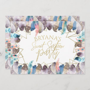 Boho Watercolor Feathers Gold Sweet 16 Invitations