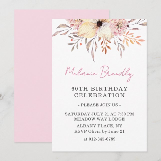 Boho Watercolor Floral 60e anniversaire Invitation (Devant / Derrière)