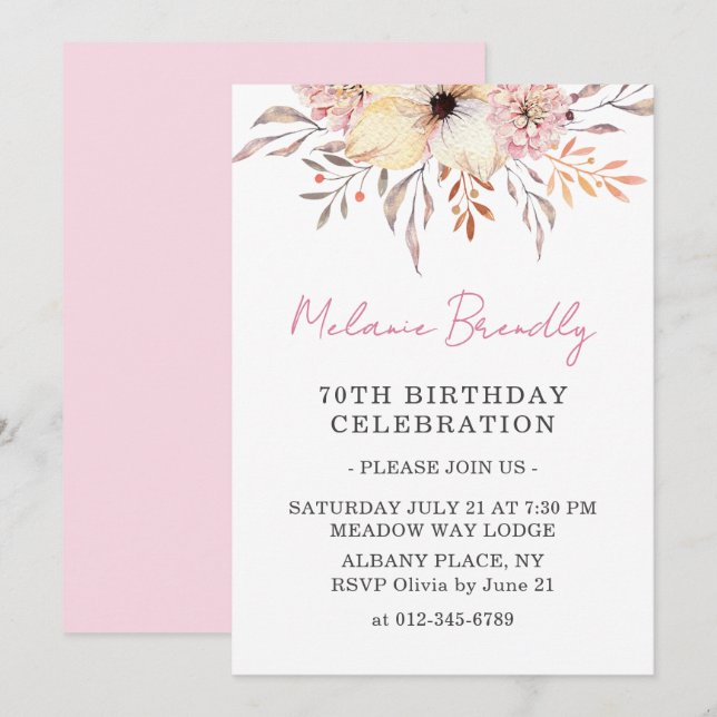 Boho Watercolor Floral 70e anniversaire Invitation (Devant / Derrière)