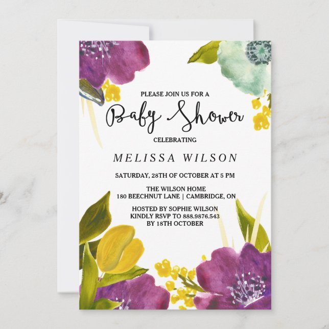 Boho Watercolor Flowers Baby shower Invitation (Devant)