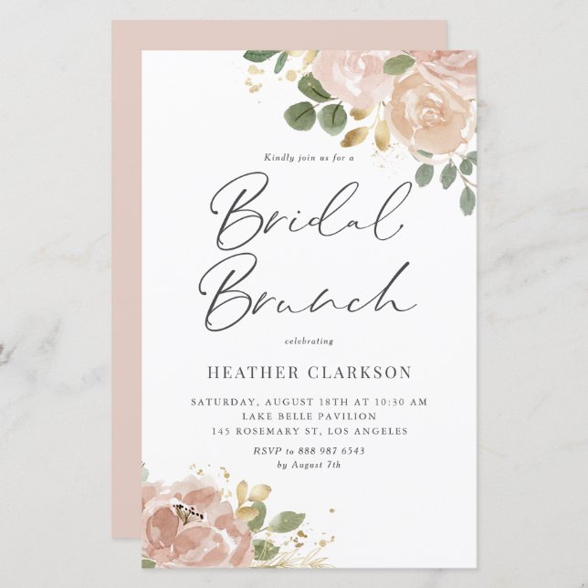 Boho Watercolor Mauve Peach Flowers Brunch nuptial (Devant / Derrière)
