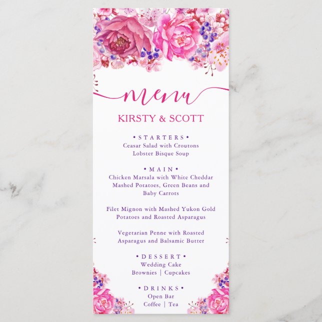 Boho Watercolor Rose Roses Mariage Menu (Devant)
