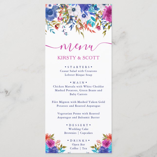 Boho Watercolor Summer Flowers Menu Mariage (Devant)
