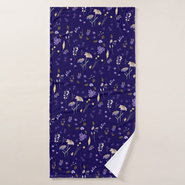 Boho Watercolor Wildflowers Navy  (Serviette de bain)