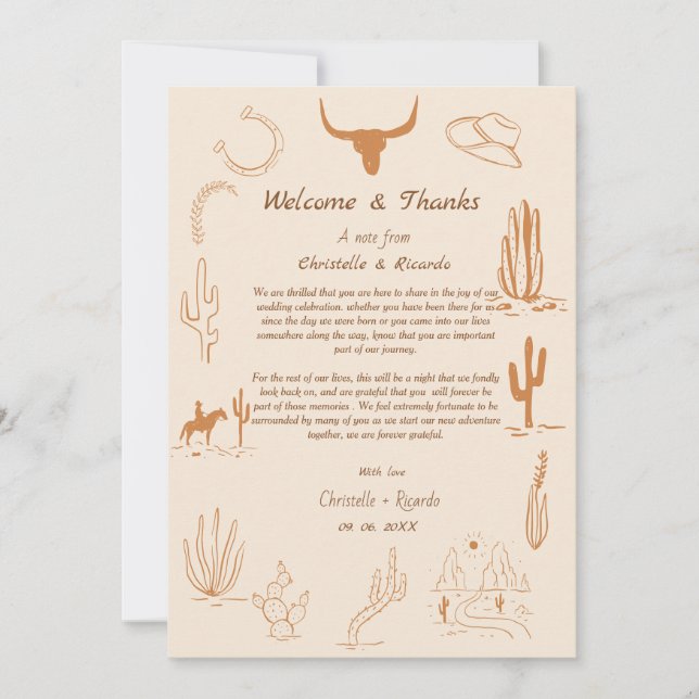 Boho Western Bienvenue et merci note Mariage (Devant)