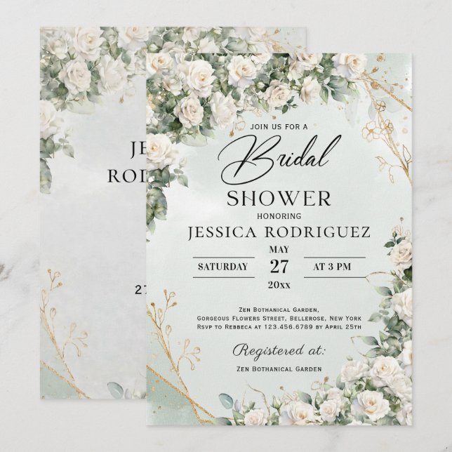 Boho White Roses Greenery Bridal Shower Invitation (Devant / Derrière)