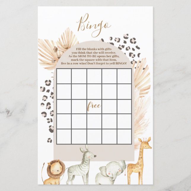 Boho Wild Animaux baby shower Bingo Jeu (Devant)