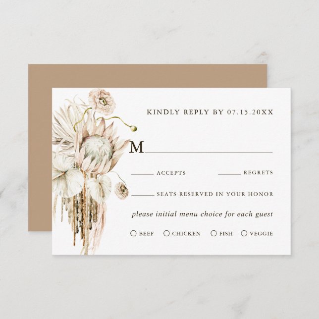 Boho Wild Protea Pampas Grass Floral Wedding RSVP (Devant / Derrière)