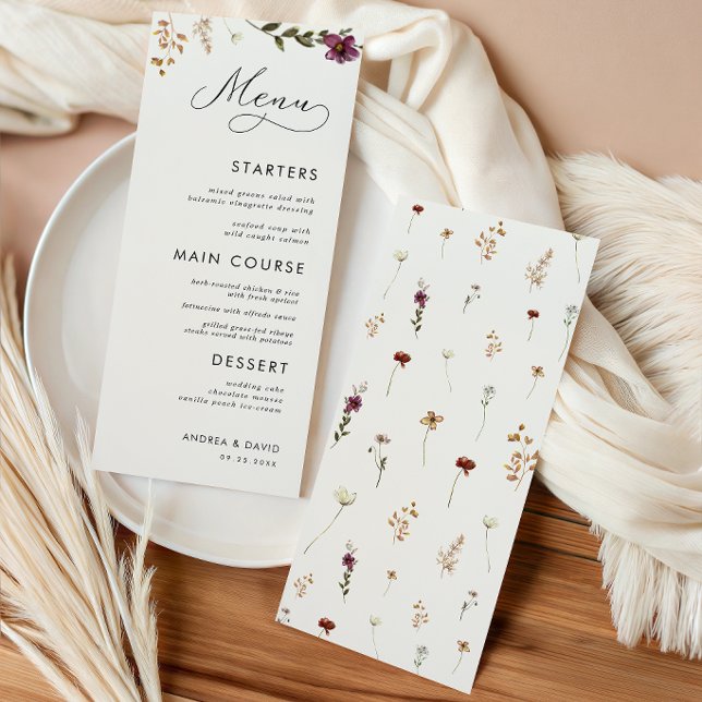 Boho Wildflowers Crème Ivoire Menu Mariage Trois P (Créateur téléchargé)