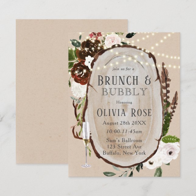 Boho Wood Slice Marsala Brunch & Bubbly Invitation (Devant / Derrière)
