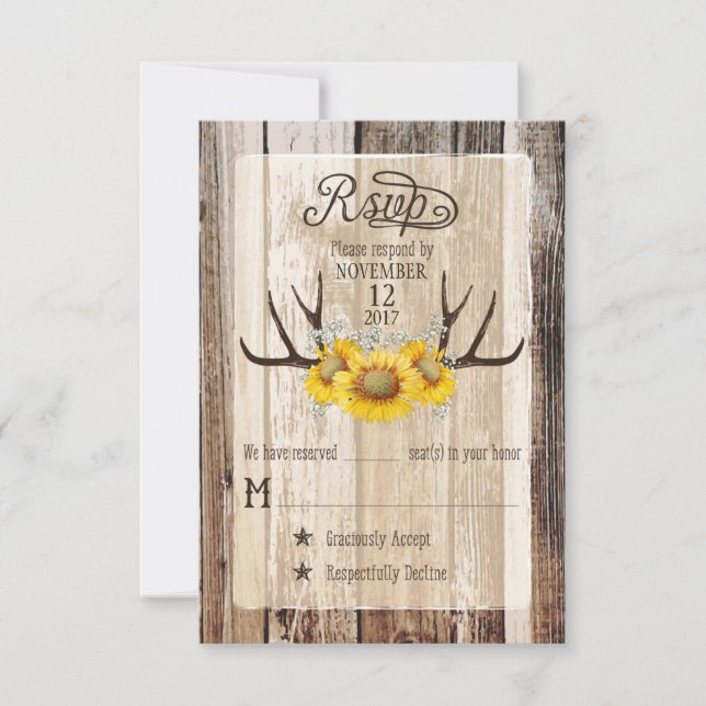 Boho Wood Sunflower Antlers Rustique carte RSVP (Devant)