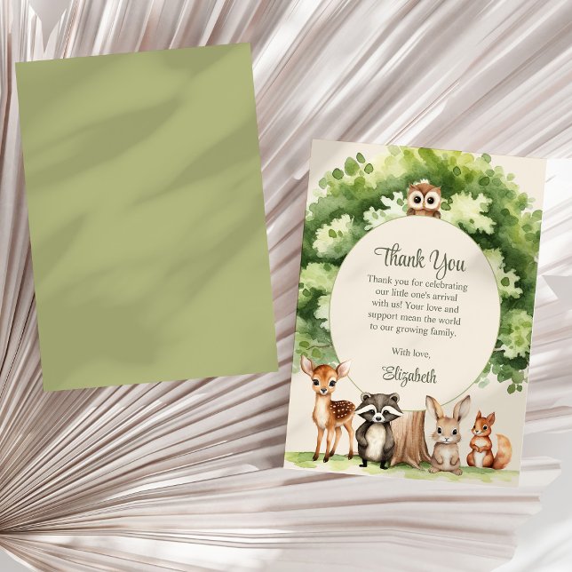 Boho Woodland Animaux Baby shower Carte de remerci (Boho Woodland Animals Baby Shower Thank You Card on a sunny neutral dry palm leaf.)