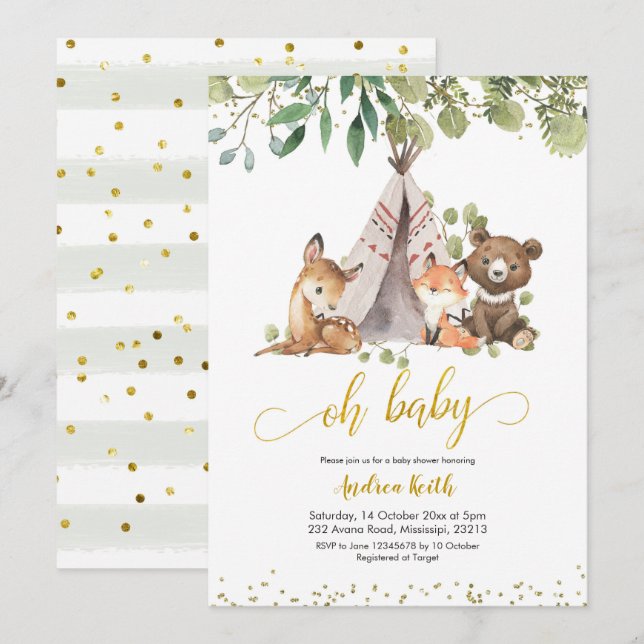 Boho Woodland Baby shower vert Invitation (Devant / Derrière)