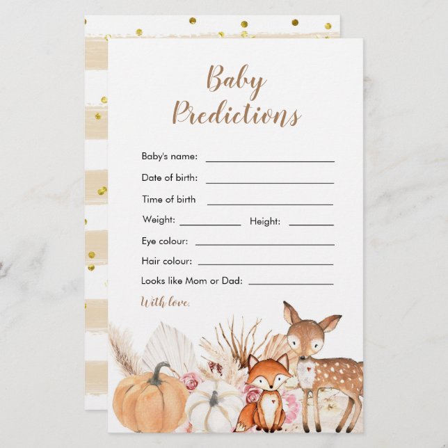 Boho Woodland Citrouille Baby Prediction Card (Devant / Derrière)