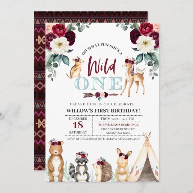 Boho Woodland Wild One First Birthday Invitation (Devant / Derrière)