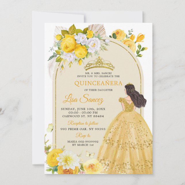 Boho Yellow Princess Mis Quince Anos Invitation (Devant)