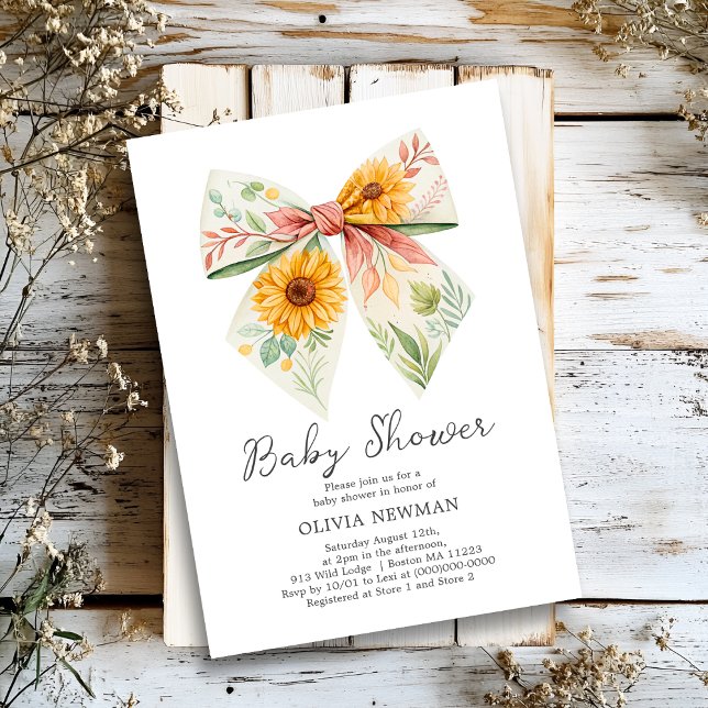 Boho Yellow Sunflower Bow Baby shower Invitation (Créateur téléchargé)
