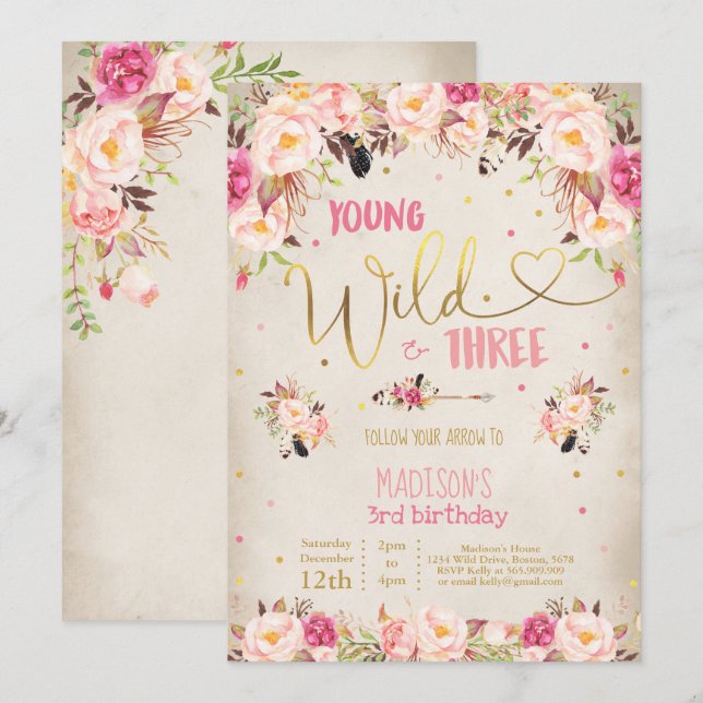 Boho Young Wild Et Invitation À Trois Anniversaire (Devant / Derrière)