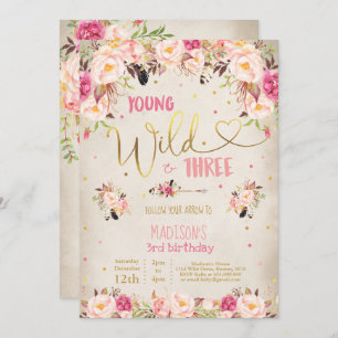 Boho Young Wild Et Invitation À Trois Anniversaire