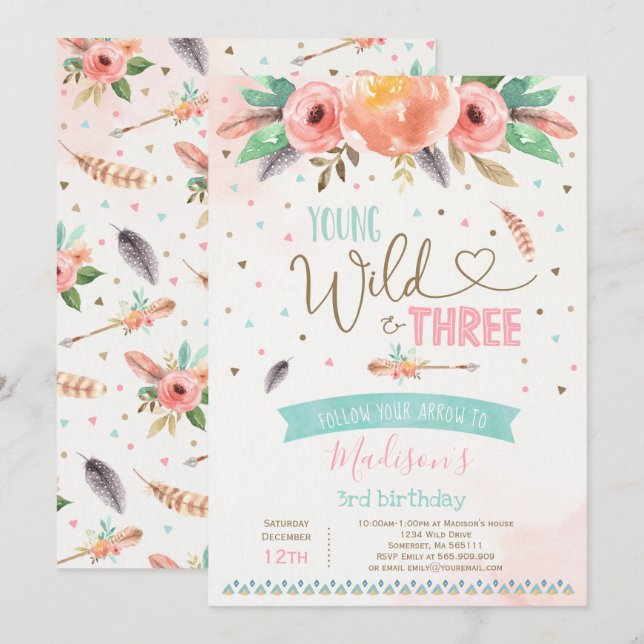 Boho Young Wild Et Trois Invitation Anniversaire (Devant / Derrière)