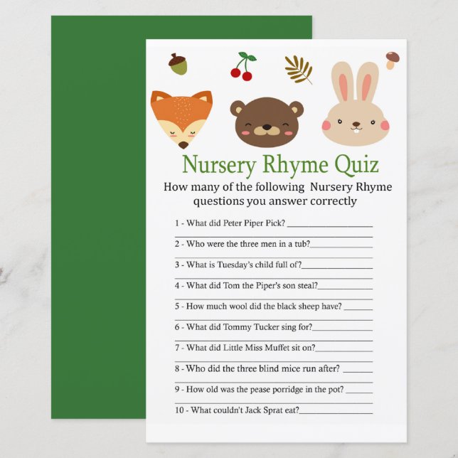 Bois animal Nursery Rhyme Quiz bébé showergame (Devant / Derrière)