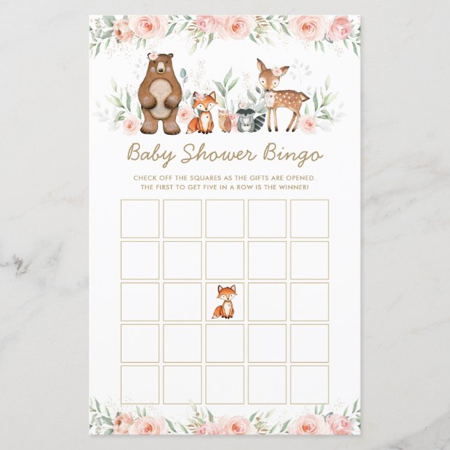 Bois Animaux Baby shower Floral Jeu de Bingo (Devant)