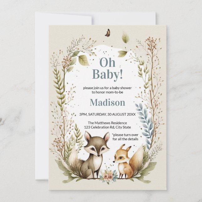 Bois Animaux Baby shower Invitation Aquarelle (Devant)