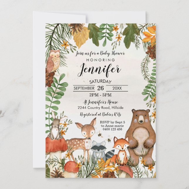 Bois Animaux Baby shower Invitation Végétation (Devant)