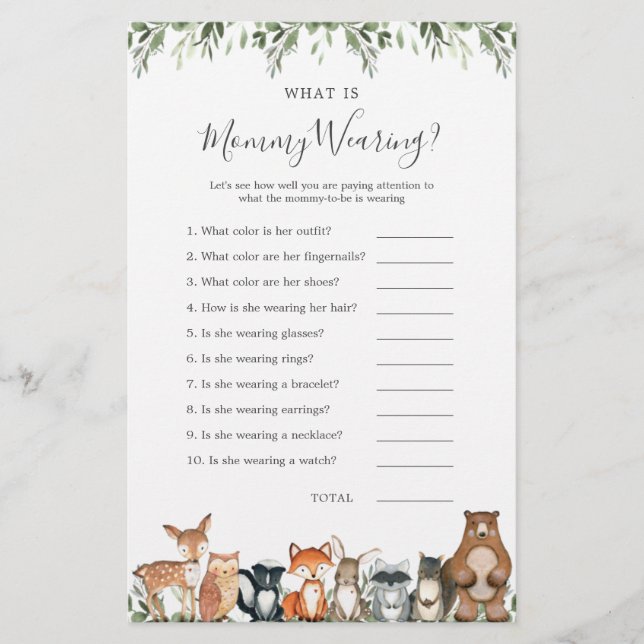 Bois Animaux Baby shower Qu'est-ce que maman porte (Devant)