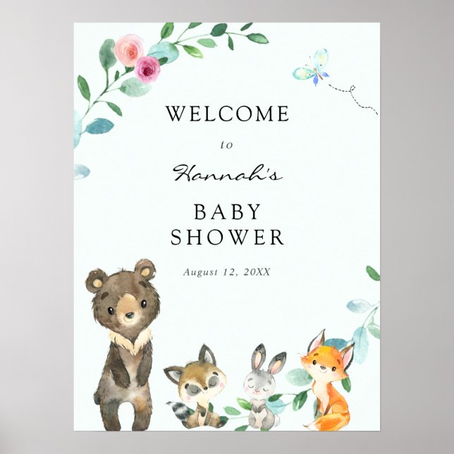 Bois Animaux Baby shower rose Affiche de bienvenue (Devant)