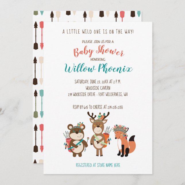Bois Animaux Baby shower tribal Boho Invitation (Devant / Derrière)