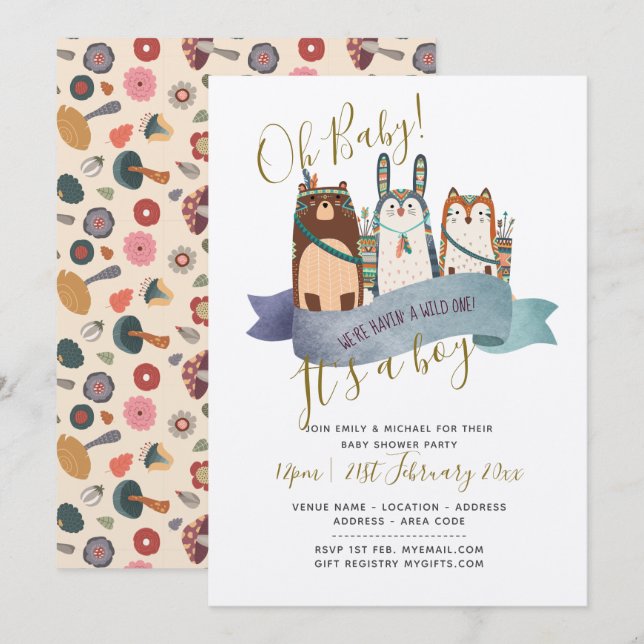 Bois Animaux Baby showers Invitations - C'est un g (Devant / Derrière)