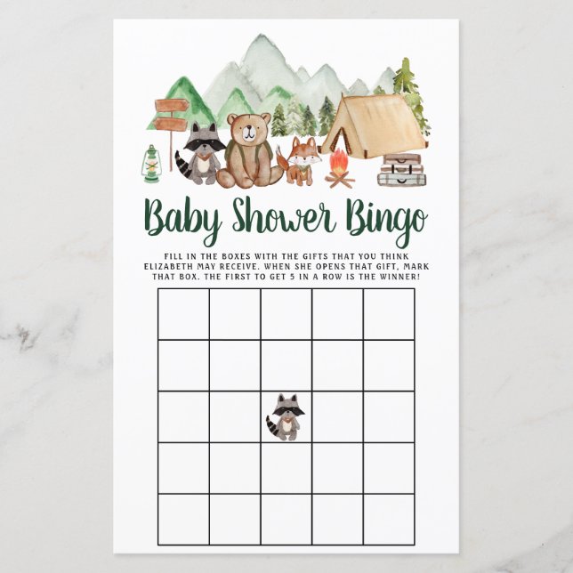 Bois Animaux Camping Baby shower Bingo Jeu (Devant)