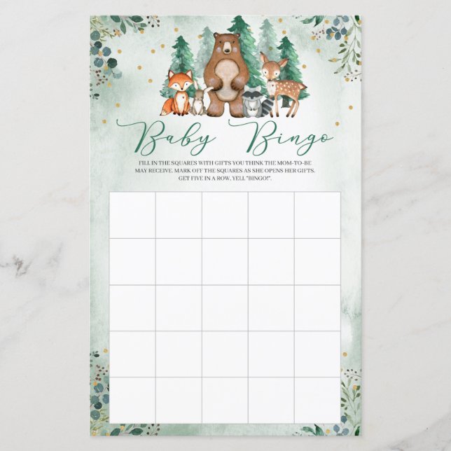 Bois animaux de forêt Baby shower Bingo (Devant)