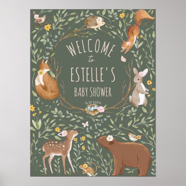 Bois Animaux Forêt Baby shower Affiche de bienvenu (Devant)
