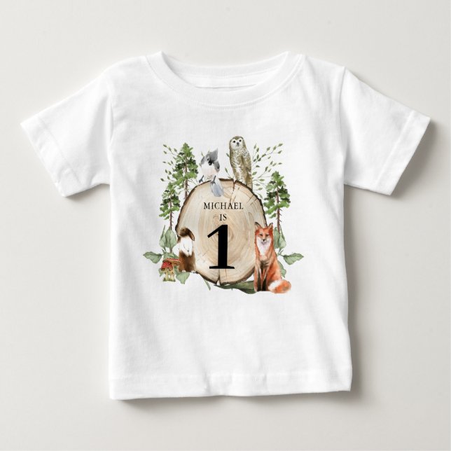Bois Animaux Garçon 1er Anniversaire T-shirt (Devant)