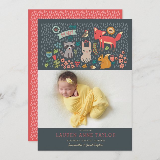 Bois Animaux Nouveau Faire-part de naissance bébé (Devant / Derrière)