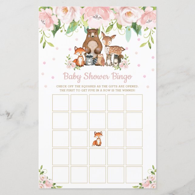 Bois Animaux Pin Floral Baby shower Jeu de Bingo (Devant)