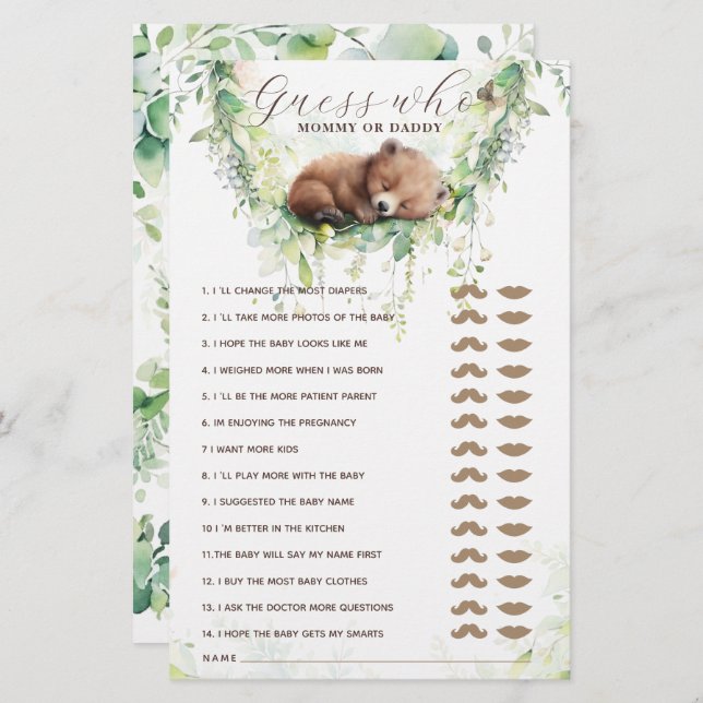 Bois Animaux Végétation Baby shower Guess Game (Devant / Derrière)