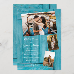 Bois bleu rustique 4 Photos Invitations de mariage